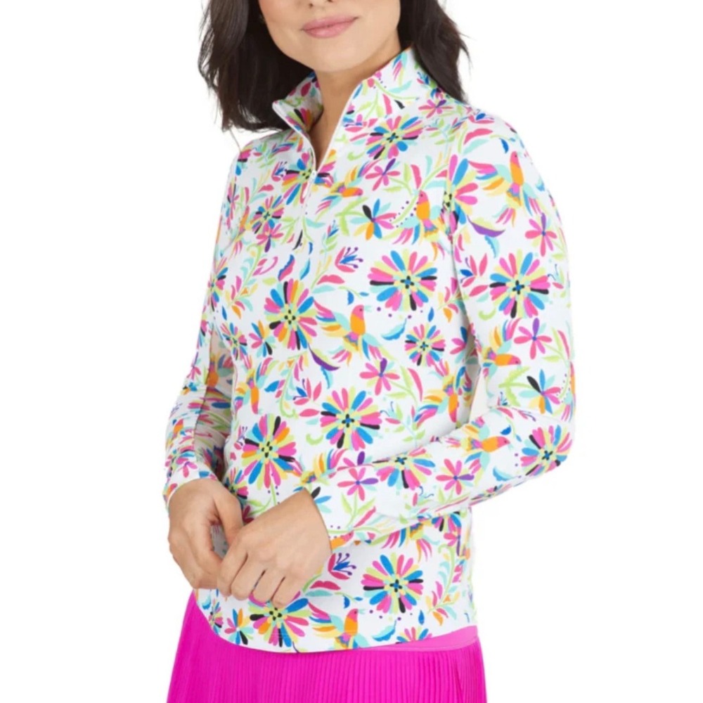 IBKUL Womens XS Floral Bird Print Quarter Zip Sun Shirt UPF 50+ Cooling EUC